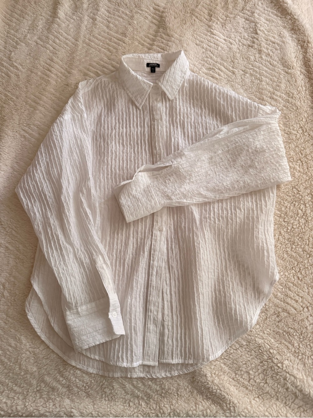 Express White Textured Long-Sleeve Button-Down Shirt